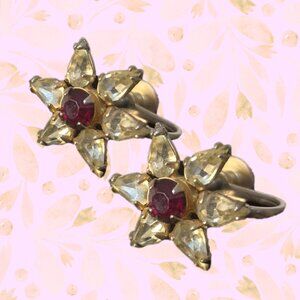 Vintage Clear Red Rhinestone Gold Earrings